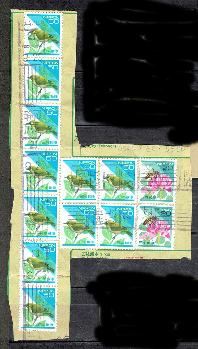 平成切手メジロ50円複数枚貼りの平成21年直線式和文ローラー印